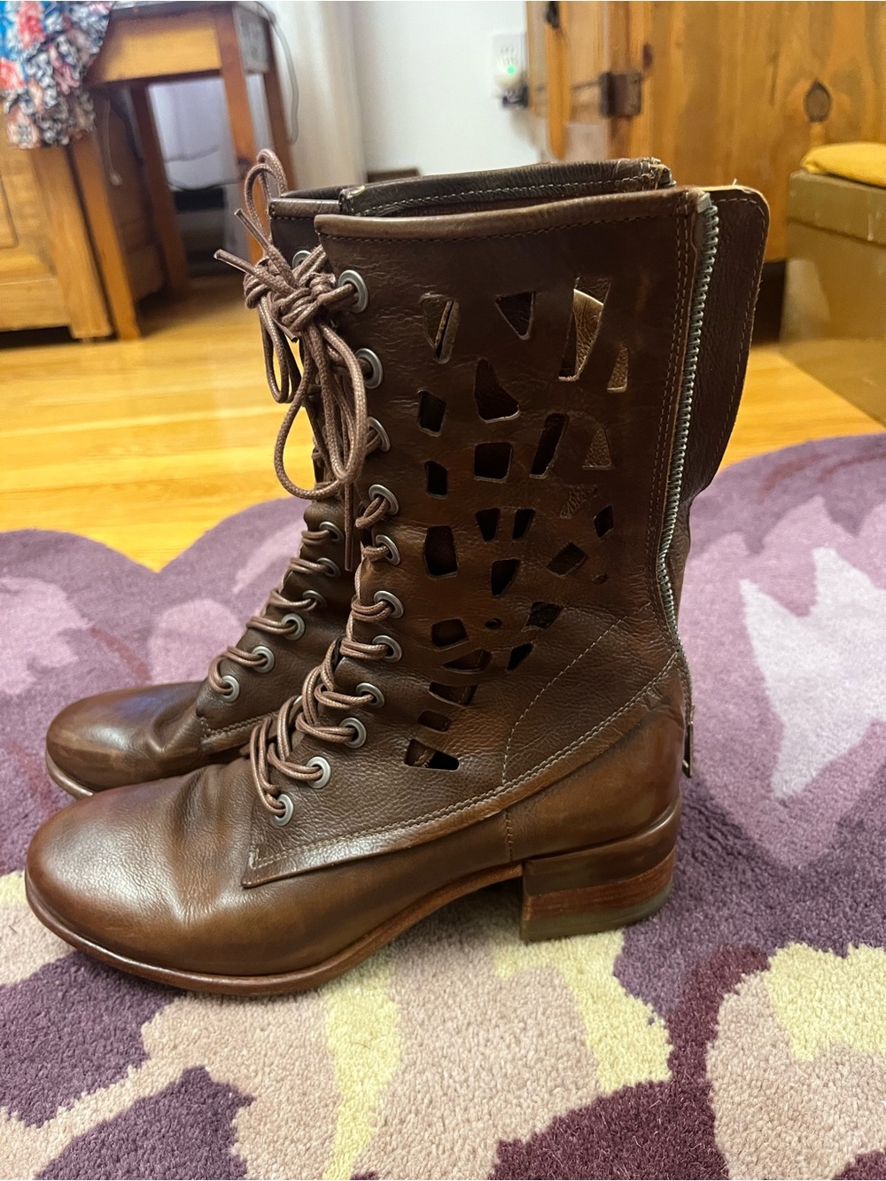 A.S.98 Brown Leather Lace-Up Cutout Boots